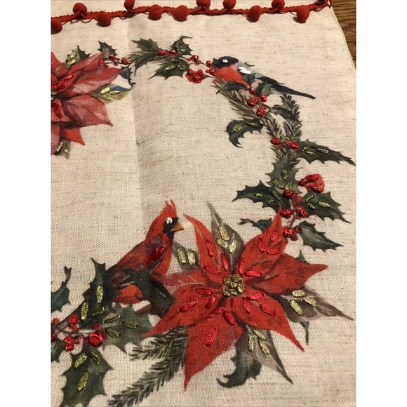 Christmas Cardinal Table Runner Wreath Poinsettia 13 X 69 Pom Poms - Picture 1 of 7